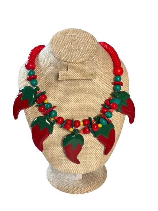 None Jewelry - Vintage Wooden Bead Necklace With Red & Green Pepper Charms 22" Long Colorful Re